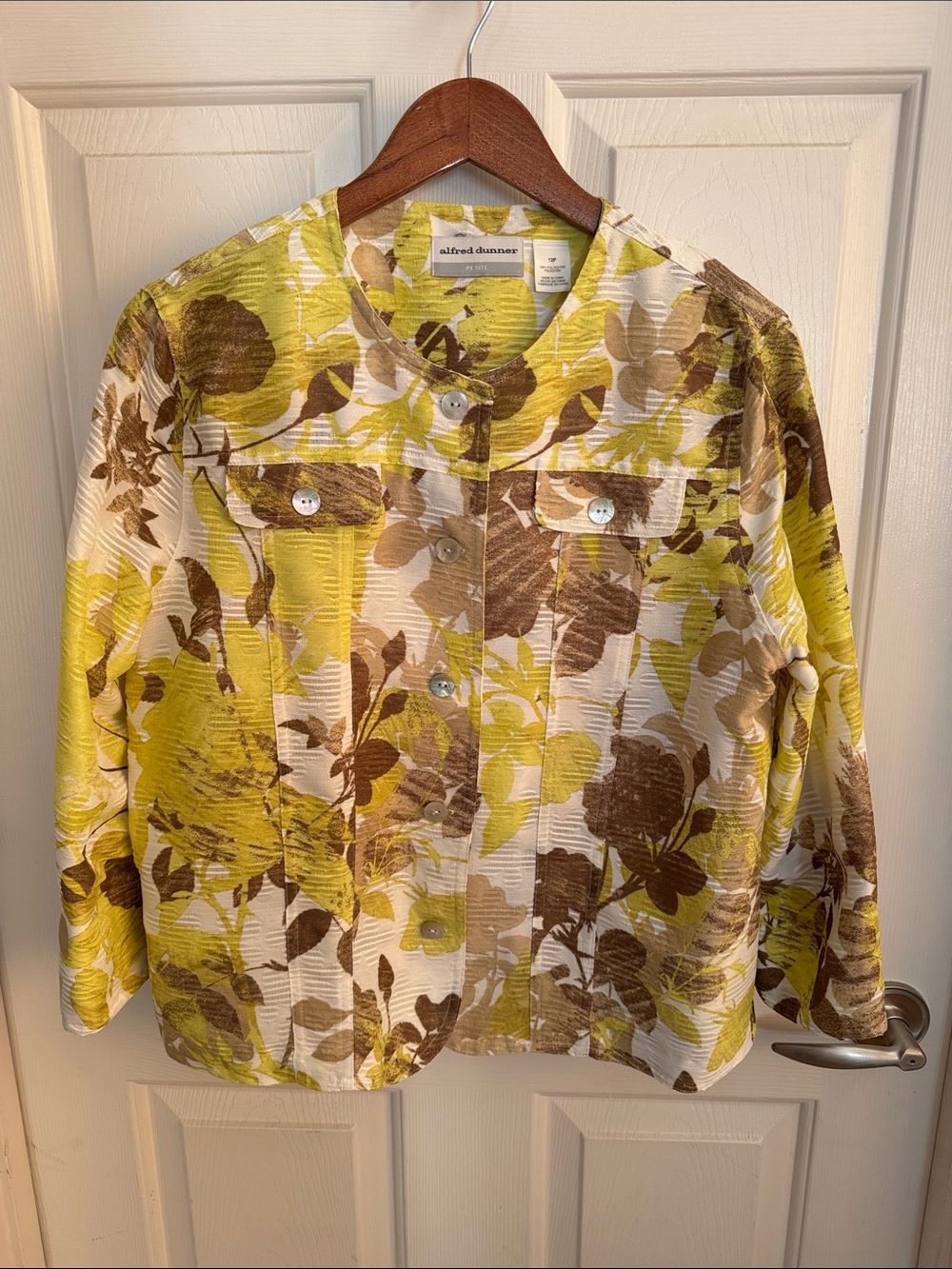 Alfred Dunner Petite Floral Jacket 12P Chartreuse Brown Cream Button Front